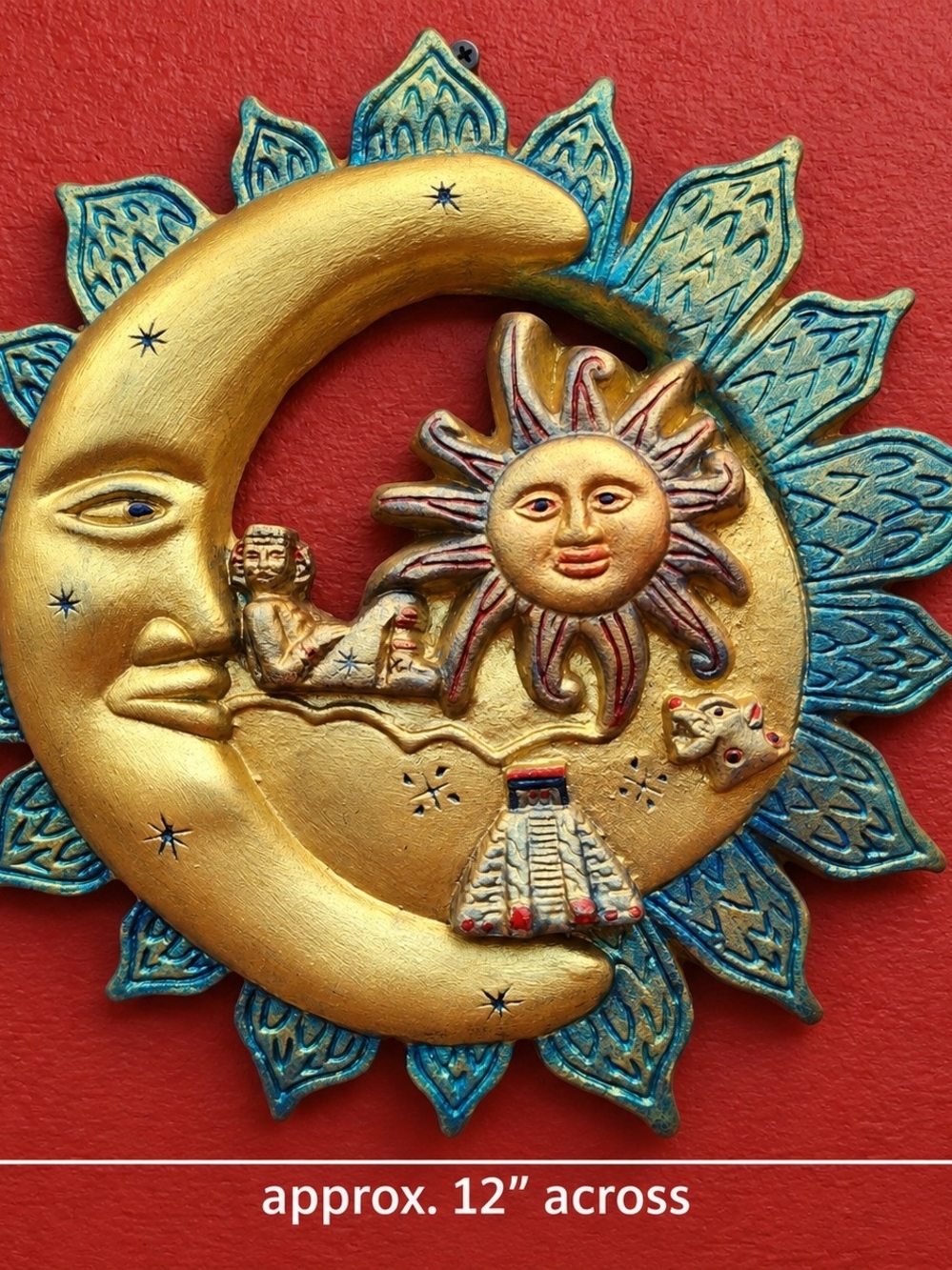 Vintage 90s Celestial Sun & Moon Stars Wall Plaque 12" - Plaster Mexico Pyramid